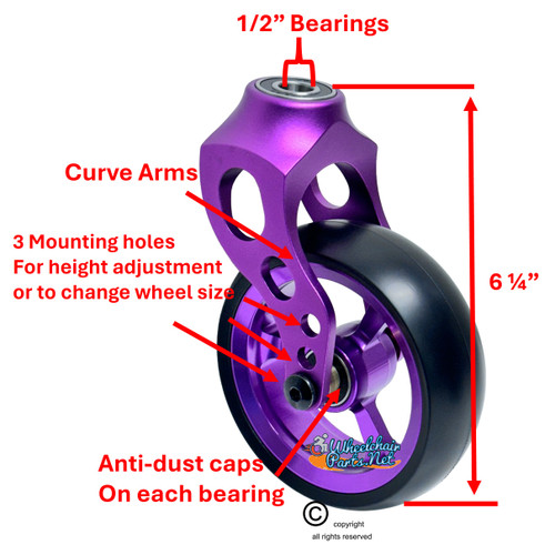 Purple Aluminum Caster Fork Assembly With 5x1.40 Soft Roll Wheels in Purlple Color