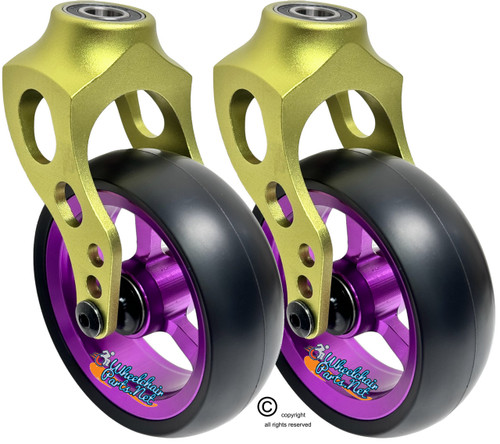 Green Aluminum Caster Fork Assembly With 5x1.40 Soft Roll Wheels in Purple Color Green Aluminum Caster Fork Assembly With 5x1.40 Soft Roll Wheels in Purple Color