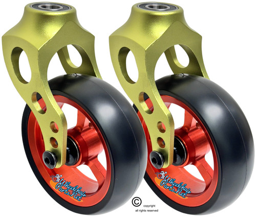 Green Aluminum Caster Fork Assembly With 5x1.40 Soft Roll Wheels in Orange Color Green Aluminum Caster Fork Assembly With 5x1.40 Soft Roll Wheels in Orange Color