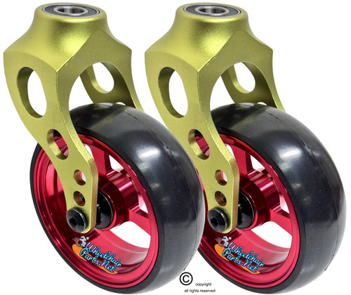 Green Aluminum Caster Fork Assembly With 5x1.40 Soft Roll Wheels in Red Color Green Aluminum Caster Fork Assembly With 5x1.40 Soft Roll Wheels in Red Color