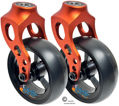 Orange Aluminum Caster Fork Assembly With 5x1.40 Soft Roll Black Wheels Orange Aluminum Caster Fork Assembly With 5x1.40 Soft Roll Black Wheels