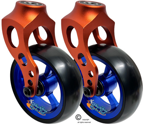 Orange Aluminum Caster Fork Assembly With 5x1.40 Soft Roll Blue Wheels Orange Aluminum Caster Fork Assembly With 5x1.40 Soft Roll Blue Wheels