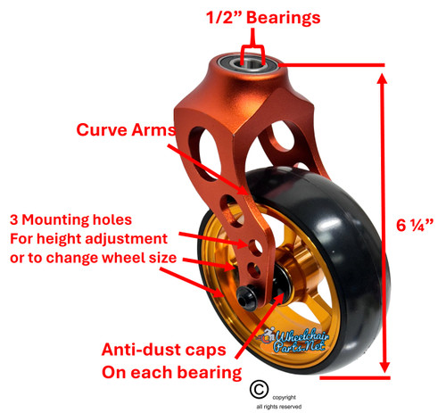 Orange Aluminum Caster Fork Assembly With 5x1.40 Soft Roll Gold  Wheels