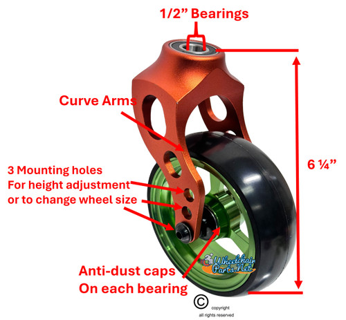 Orange Aluminum Caster Fork Assembly With 5x1.40 Soft Roll Green Wheels