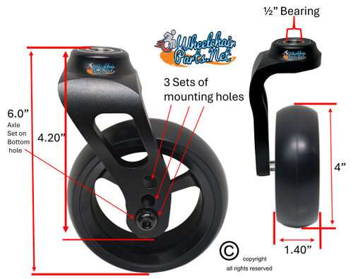 Single Sided Aluminum Caster Fork (Black) Assembly With 4"x1.40" Black Wheel. Set of 2