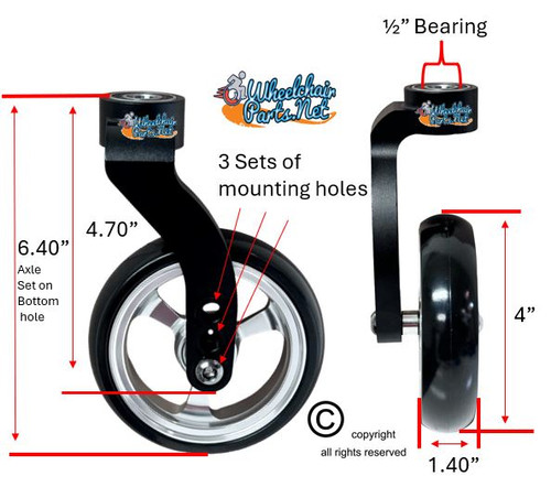 Single Sided Aluminum Caster Fork (Black) Assembly With 4"x1.40" Silver Wheel. Set of 2