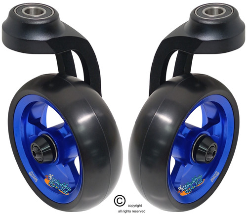 Single Sided Aluminum Caster Fork (Black) Assembly With 4"x1.40" Blue Wheel. Set of 2