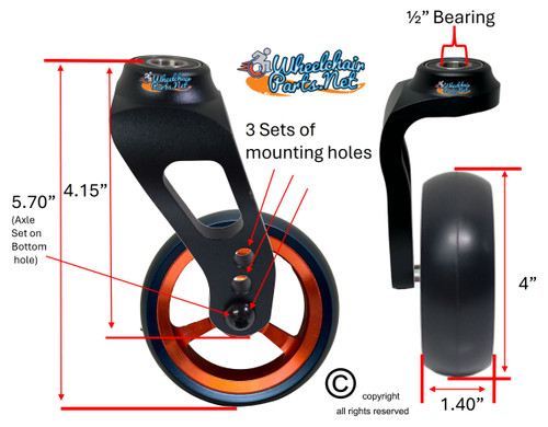 Single Sided Aluminum Caster Fork (Black) Assembly With 4"x1.40" Orange Wheel. Set of 2