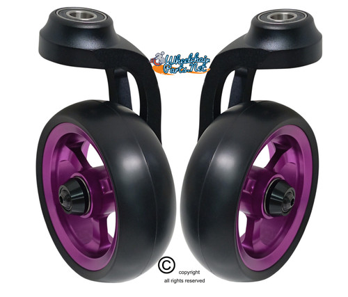 Single Sided Aluminum Caster Fork (Black) Assembly With 4"x1.40" Purple Wheel. Set of 2