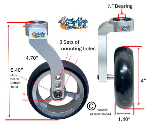 Single Sided Aluminum Caster Fork (Silver) Assembly With 4"x1.40" Silver Wheel. Set of 2