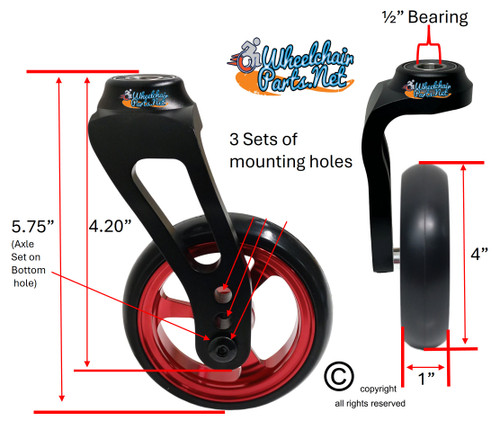 Single Sided Aluminum Caster Fork (Black) Assembly With 4"x1" Red Wheel. Set of 2