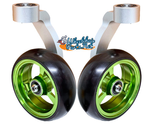 Single Sided Aluminum Caster Fork (Silver) Assembly With 4"x1" Green Wheel. Set of 2 Single Sided Aluminum Caster Fork (Silver) Assembly With 4"x1" Green Wheel. Set of 2