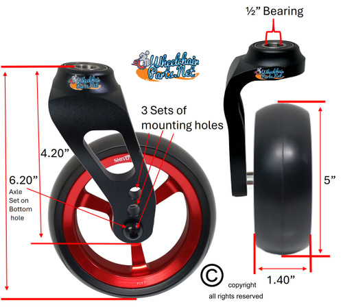 Single Sided Aluminum Caster Fork (Black) Assembly With 5"x1.40" Red Wheel. Set of 2