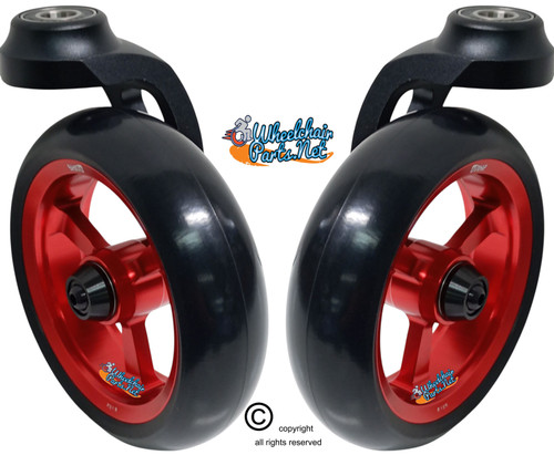 Single Sided Aluminum Caster Fork (Black) Assembly With 5"x1.40" Red Wheel. Set of 2