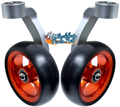Single Sided Aluminum Caster Fork (Silver) Assembly With 5"x1.40" Orange Wheel. Set of 2