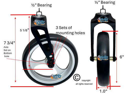 Aluminum Caster Fork (Black) 6" x 1" Assembly With Aluminum Silver, 3 Spoke Wheel. Set of 2.