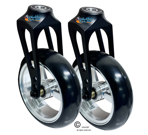 Aluminum Caster Fork (Black) 5" x 1.40" Assembly With Silver, 3 Spoke Wheel. Set of 2. Aluminum Caster Fork (Black) 5" x 1.40" Assembly With Silver, 3 Spoke Wheel. Set of 2.