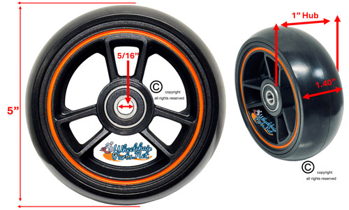 TRI RACER - 5" x 1.40" 6 Spoke Composite Mag Wheel, Black Wheel With Orange Strip/ Black Tire. Sold as Set of 2