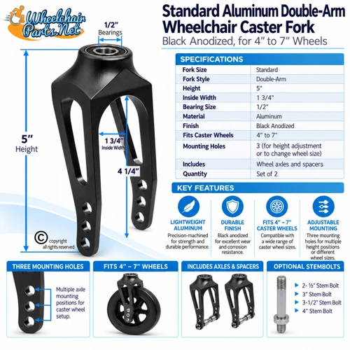 Aluminum Caster Fork, Black Hard Anodize. for Use with 3"-5" Wheels | Set of 2