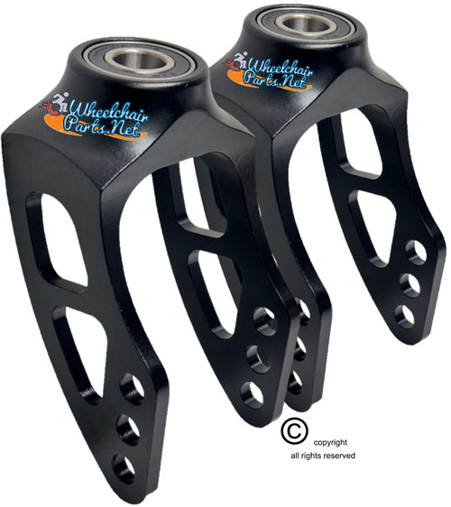 Aluminum Caster Fork With Curved, SHOR Arms. BLACK HARD ANODIZE. For use with 3"-5" Wheels. Price is for a set of 2