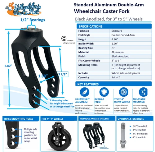 Aluminum Caster Fork, Black Anodized. Standard Size | Set of 2