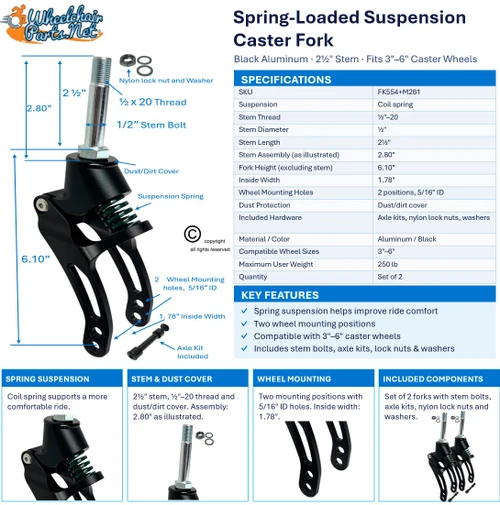 6" Suspension Fork, Black with 2.5" Stem Bolt and Caster Wheel Axle | Set of 2