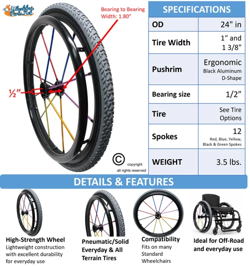 SHIVOSTAR 24" (540 mm) Colorful Spoke Wheelchair Rear Wheel Set with Black Aluminum Pushrims | Set of 2