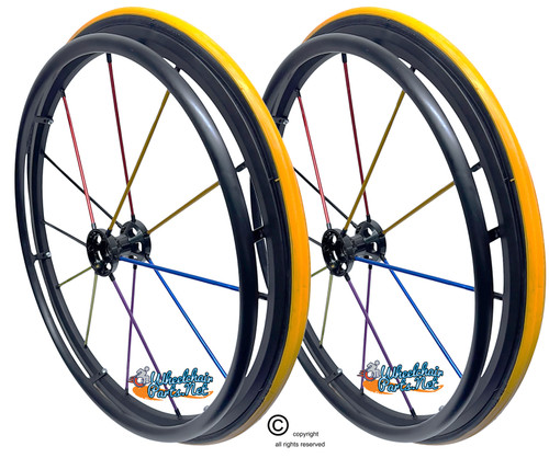SET of 24" x 1" (540m) 12 Colorful Spokes Wheel with Primo Orange V-Track Tire and Aluminum Pushrim. Set of 2 SET of 24" x 1" (540m) 12 Colorful Spokes Wheel with Primo Orange V-Track Tire and Aluminum Pushrim. Set of 2