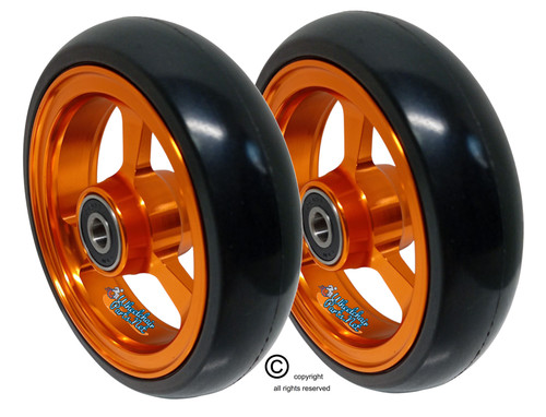 5" X 1" Aluminum 3 Spoke Wheel, Orange Rim / Soft Urethane Tire with 5/16" bearings.