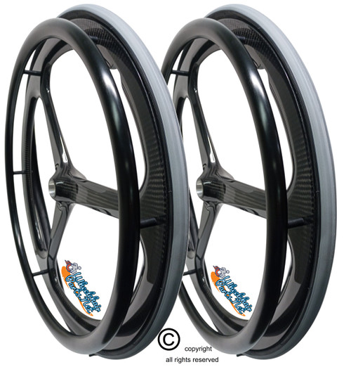 Tri-SC One 24" x 1" (540m) 3 Spoke CARBON Wheel With Grey Primo Air-Pneumatic Tire and Aluminum Pushrim. Set of 2 Tri-SC One 24" x 1" (540m) 3 Spoke CARBON Wheel With Grey Primo Air-Pneumatic Tire and Aluminum Pushrim. Set of 2