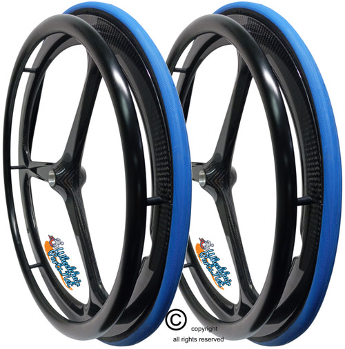 Tri-SC One 24" x 1" (540m) 3 Spoke CARBON Wheel With Blue Primo Air-Pneumatic Tire and Aluminum Pushrim. Set of 2 Tri-SC One 24" x 1" (540m) 3 Spoke CARBON Wheel With Blue Primo Air-Pneumatic Tire and Aluminum Pushrim. Set of 2