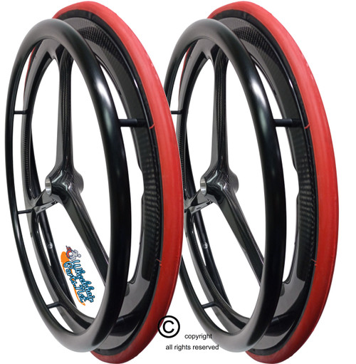 Tri-SC One 24" x 1" (540m) 3 Spoke CARBON Wheel With Red Primo Air-Pneumatic Tire and Aluminum Pushrim. Set of 2 Tri-SC One 24" x 1" (540m) 3 Spoke CARBON Wheel With Red Primo Air-Pneumatic Tire and Aluminum Pushrim. Set of 2