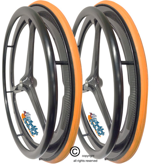 Tri-SC One 24" x 1" (540m) 3 Spoke CARBON Wheel With Orange Primo Air-Pneumatic Tire and Aluminum Pushrim. Set of 2 Tri-SC One 24" x 1" (540m) 3 Spoke CARBON Wheel With Orange Primo Air-Pneumatic Tire and Aluminum Pushrim. Set of 2