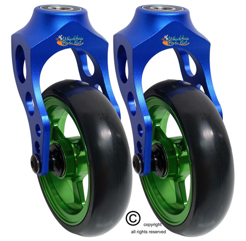 Aluminum Blue Caster Fork Assembly With 4x1 Soft Roll Wheel-Green Rim