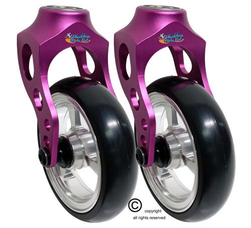 Aluminum Purple Caster Fork Assembly With 4x1 Soft Roll Wheel-Silver Rim