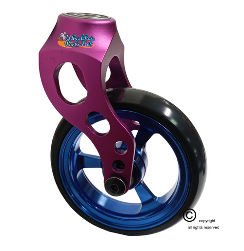 Aluminum Purple Caster Fork Assembly With 4x1 Soft Roll Wheel-Blue Rim