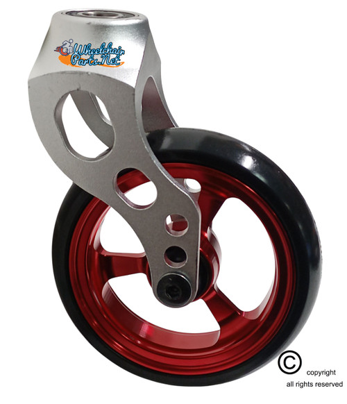 Aluminum Silver Caster Fork Assembly With 4x1 Soft Roll Wheel-Red Rim