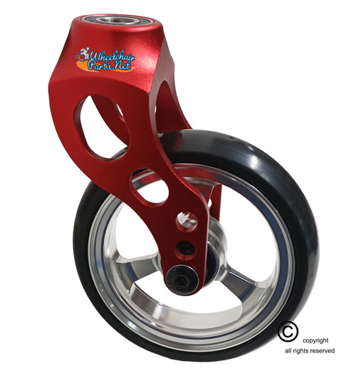 Aluminum Red Caster Fork Assembly With 4x1 Soft Roll Wheel-Silver Rim