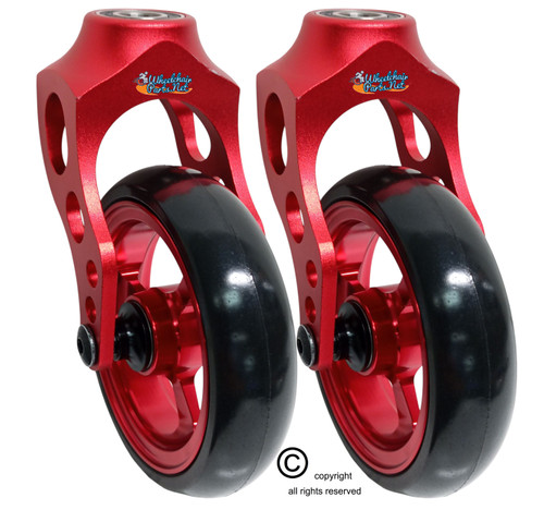 Aluminum Red Caster Fork Assembly With 4x1 Soft Roll Wheel-Red Rim