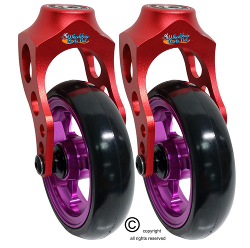 Aluminum Red Caster Fork Assembly With 4x1 Soft Roll Wheel-Purple Rim