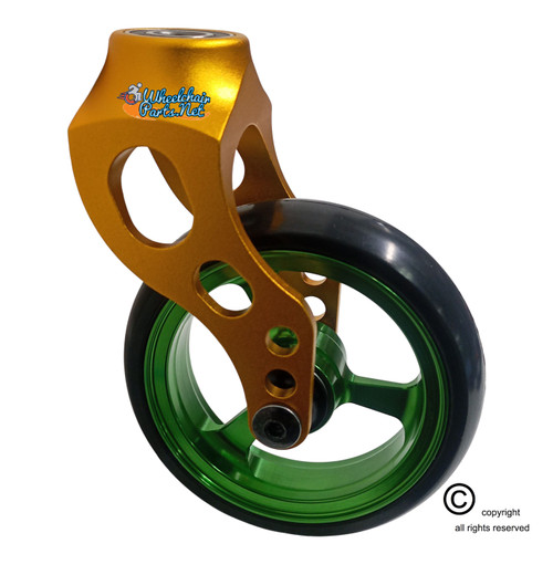 Aluminum Gold Caster Fork Assembly With 4x1 Soft Roll Wheel-Green Rim