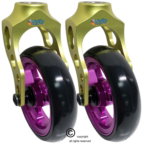 Aluminum Green Caster Fork Assembly With 4x1 Soft Roll Wheel-Purple Rim