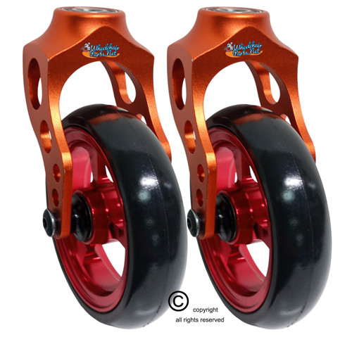 Aluminum Orange Caster Fork Assembly With 5x1 Soft Roll Wheel- Red  Rim
