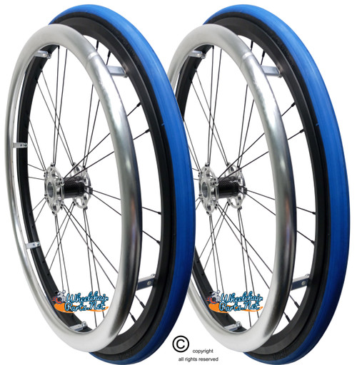 Shivoxx 24"x1" (540) Wheels with Primo V-Track Blue Color Tires. Silver Pushrim, Aluminum/Carbon Hub and 1/2" Bearings