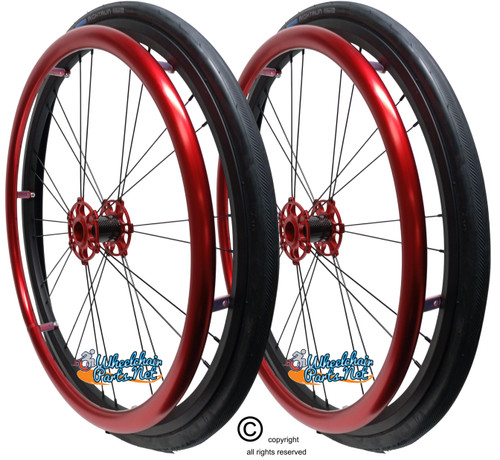 Shivoxx 24"x1" (540) Wheels with Schwalbe RightRun Tires. Red Pushrim, Aluminum/Carbon Hub and 1/2" Bearings