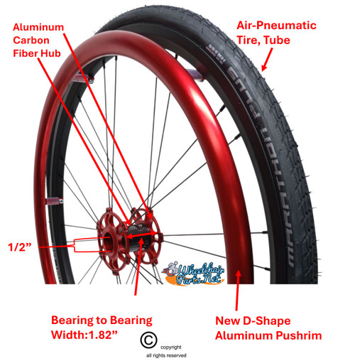Shivoxx 24"x1" (540) Wheels with Schwalbe Marathon Plus Tires. Red Pushrim, Aluminum/Carbon Hub and 1/2" Bearings