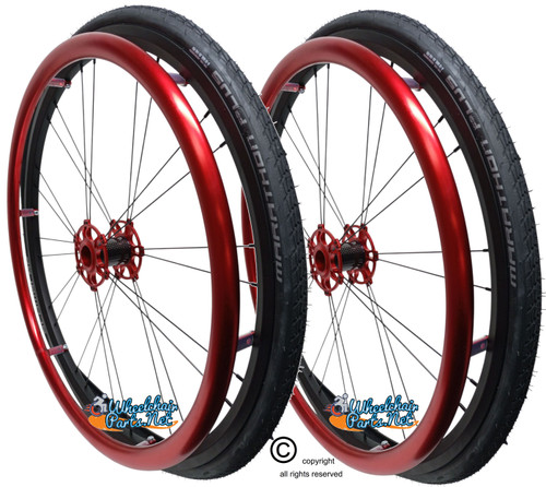 Shivoxx 24"x1" (540) Wheels with Schwalbe Marathon Plus Tires. Red Pushrim, Aluminum/Carbon Hub and 1/2" Bearings