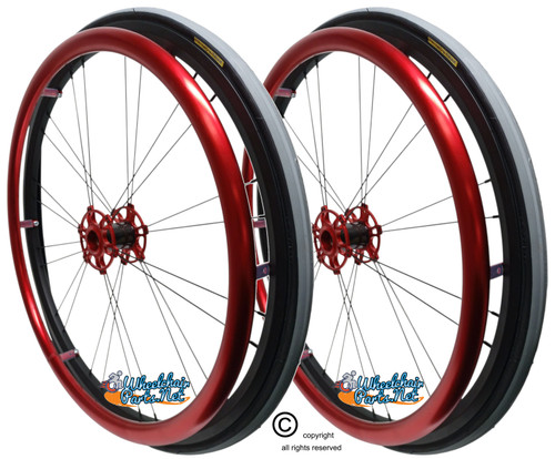 Shivoxx 24"x1" (540) Wheels with Primo V-Trak Grey Tires. Red Pushrim, Aluminum/Carbon Hub and 1/2" Bearings
