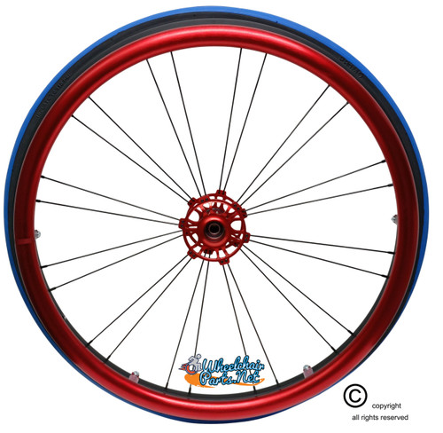 Shivoxx 24"x1" (540) Wheels with Primo V-Trak Blue Tires. Red Pushrim, Aluminum/Carbon Hub and 1/2" Bearings