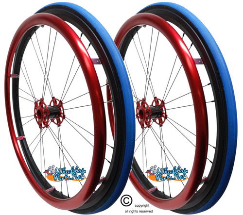 Shivoxx 24"x1" (540) Wheels with Primo V-Trak Blue Tires. Red Pushrim, Aluminum/Carbon Hub and 1/2" Bearings